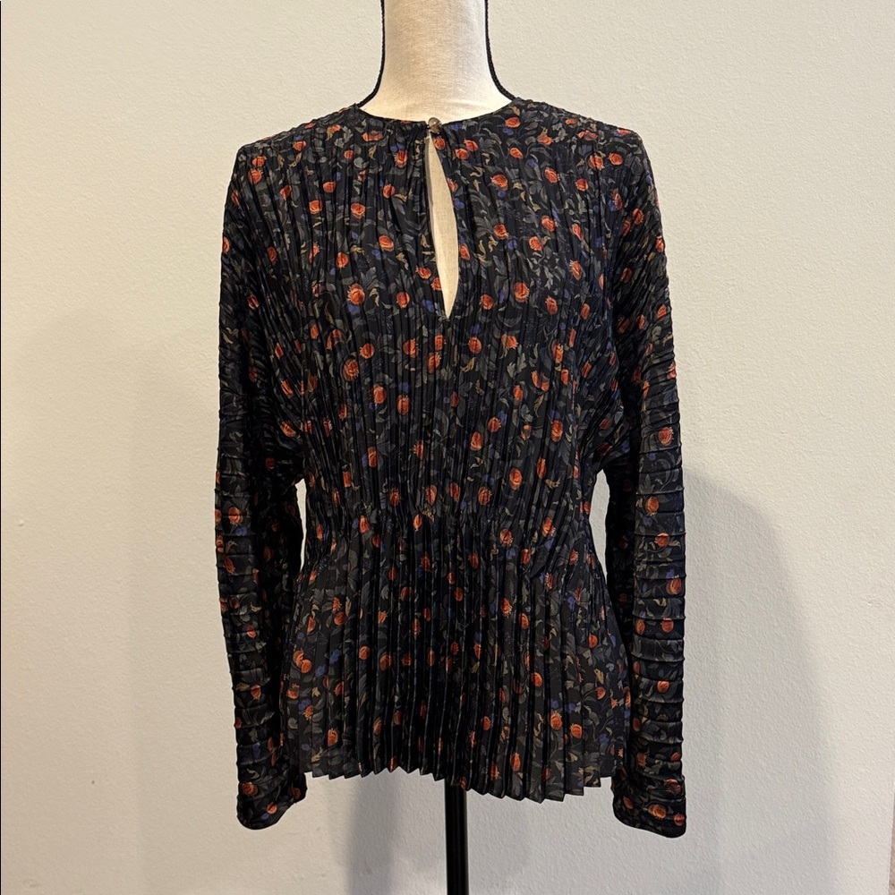 Vince Black Floral Pleated Blouse